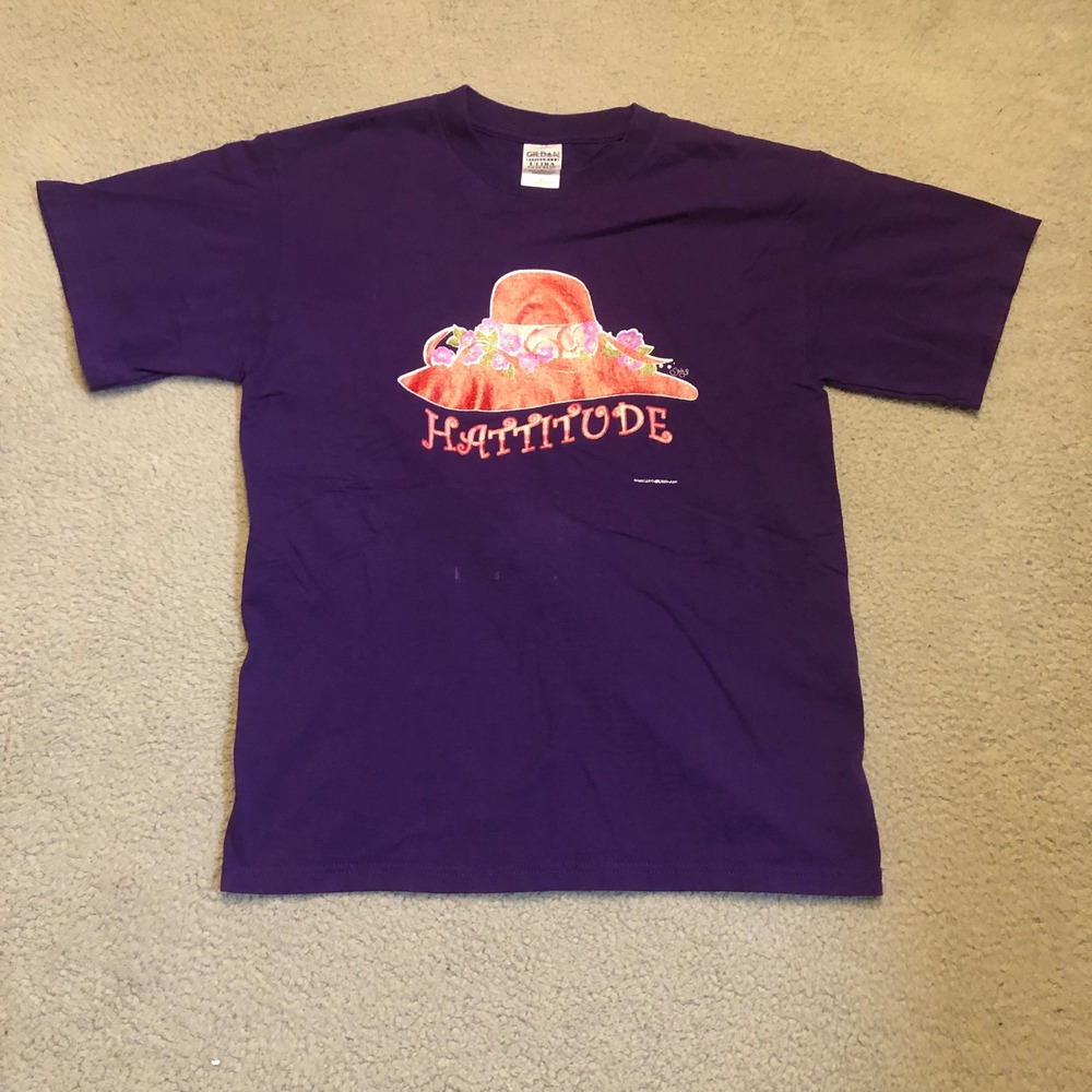 Vtg 2003 Hattitude Red Hat Society T Shirt Purple Gildan Ultra Cotton Medium